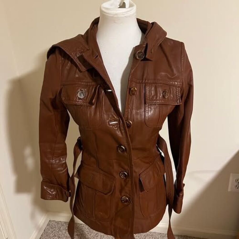 Wilsons Leather Women's Chestnut Brown Hooded Belted Leather Jacket